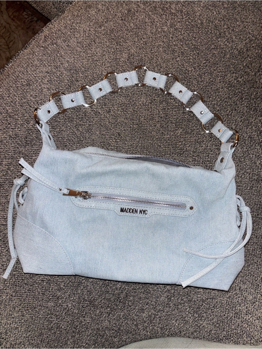 Steve Madden Denim Light Blue Shoulder Bag with Chain-Link Strap